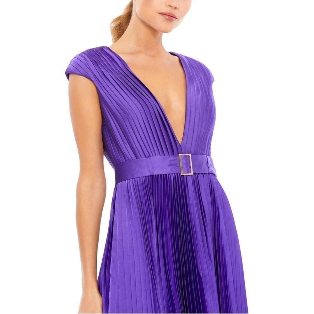 Mac Duggal PLEATED CAP SLEEVE BELTED A-LINE MIDI DRESS size 0 NWT
